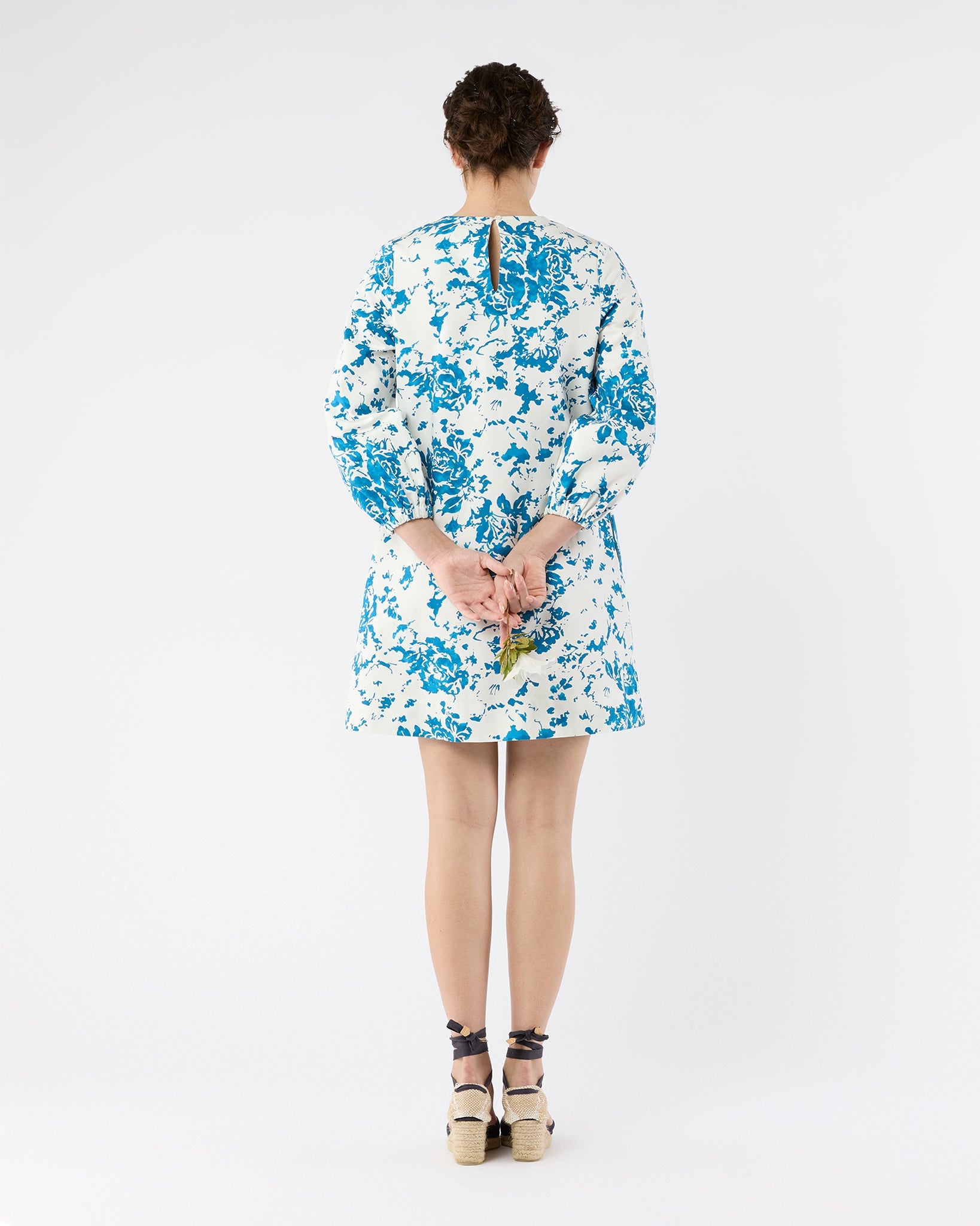 Francine Dress - White/Blue Floral Printed Faille