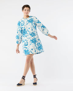 Francine Dress - White/Blue Floral Printed Faille
