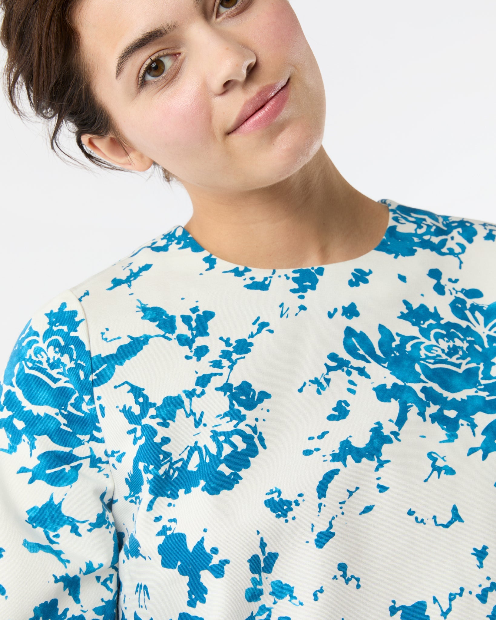 Francine Dress - White/Blue Floral Printed Faille