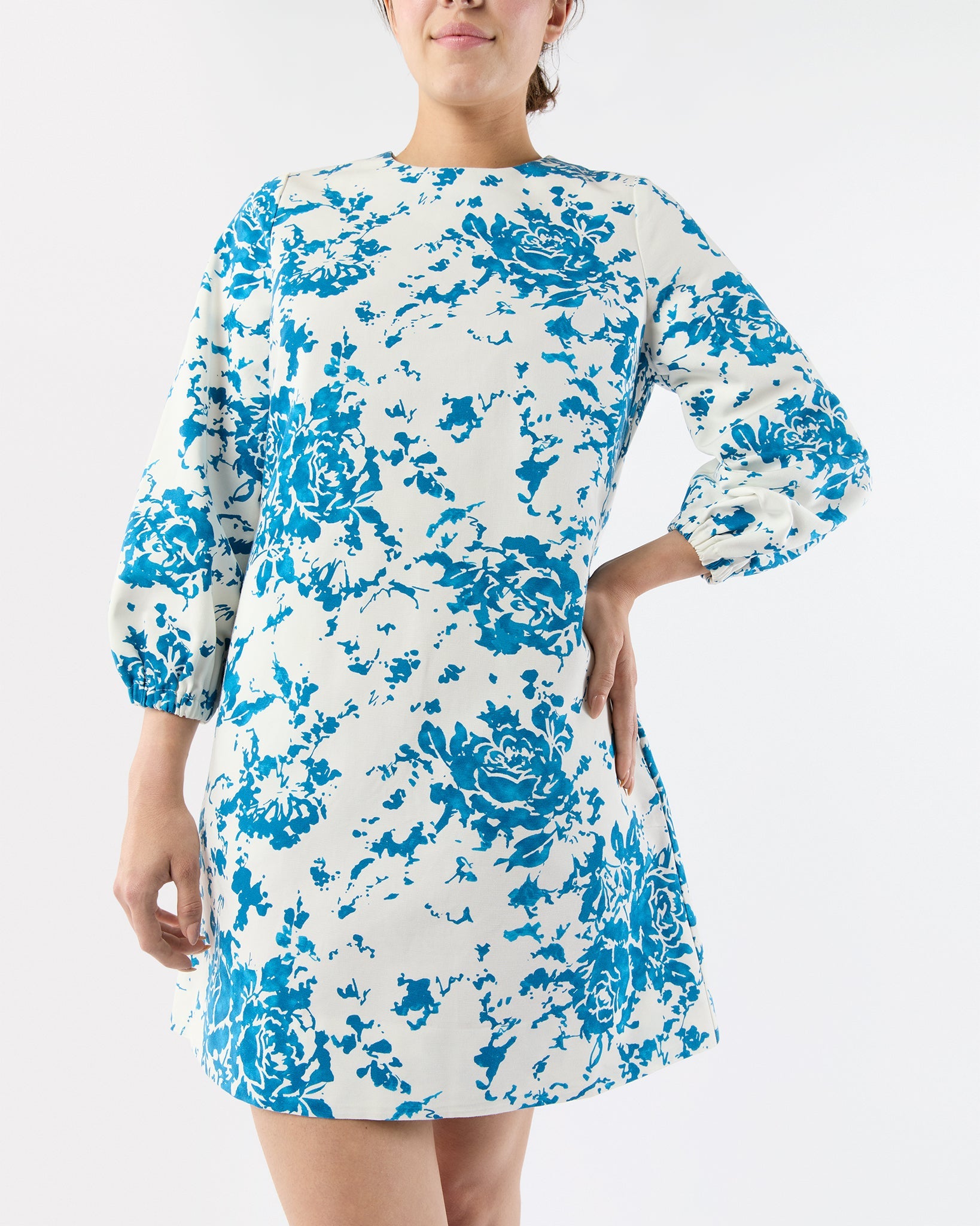 Francine Dress - White/Blue Floral Printed Faille