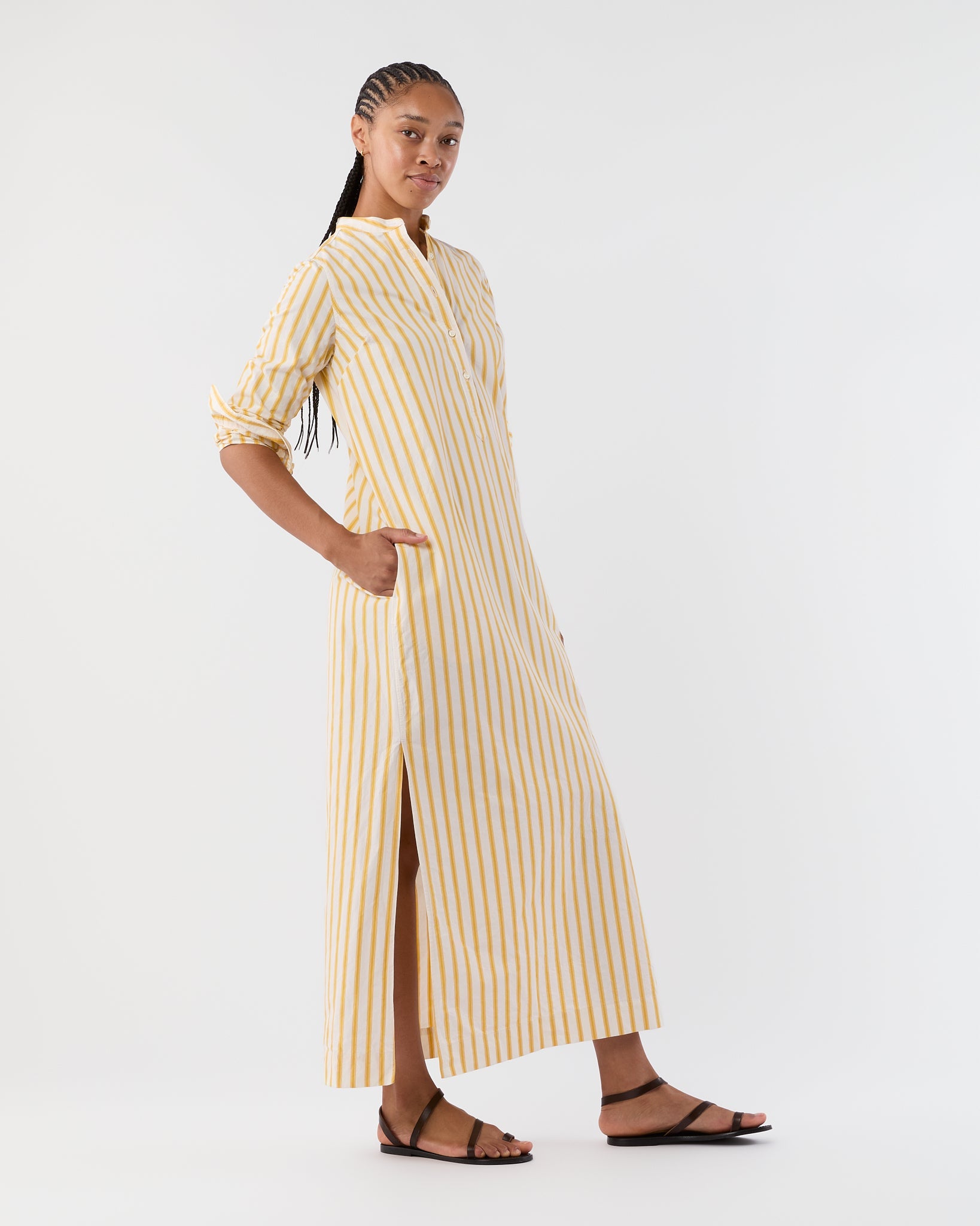 Mandarin Talitha Shirtdress - Gold/Ivory Balanced Stripe Poplin