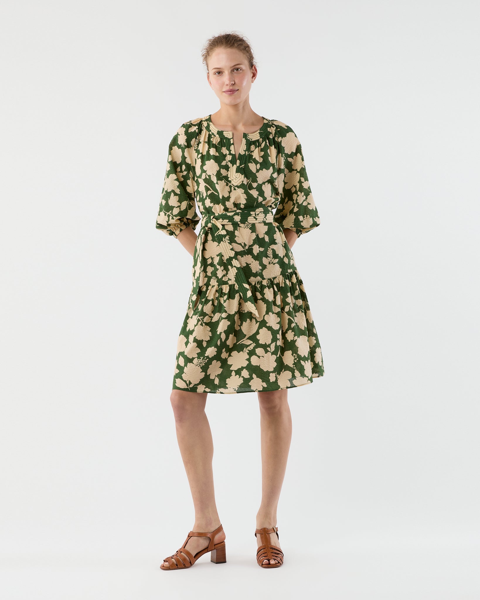 Allegra Dress - Green/Natural Shadow Floral Seersucker
