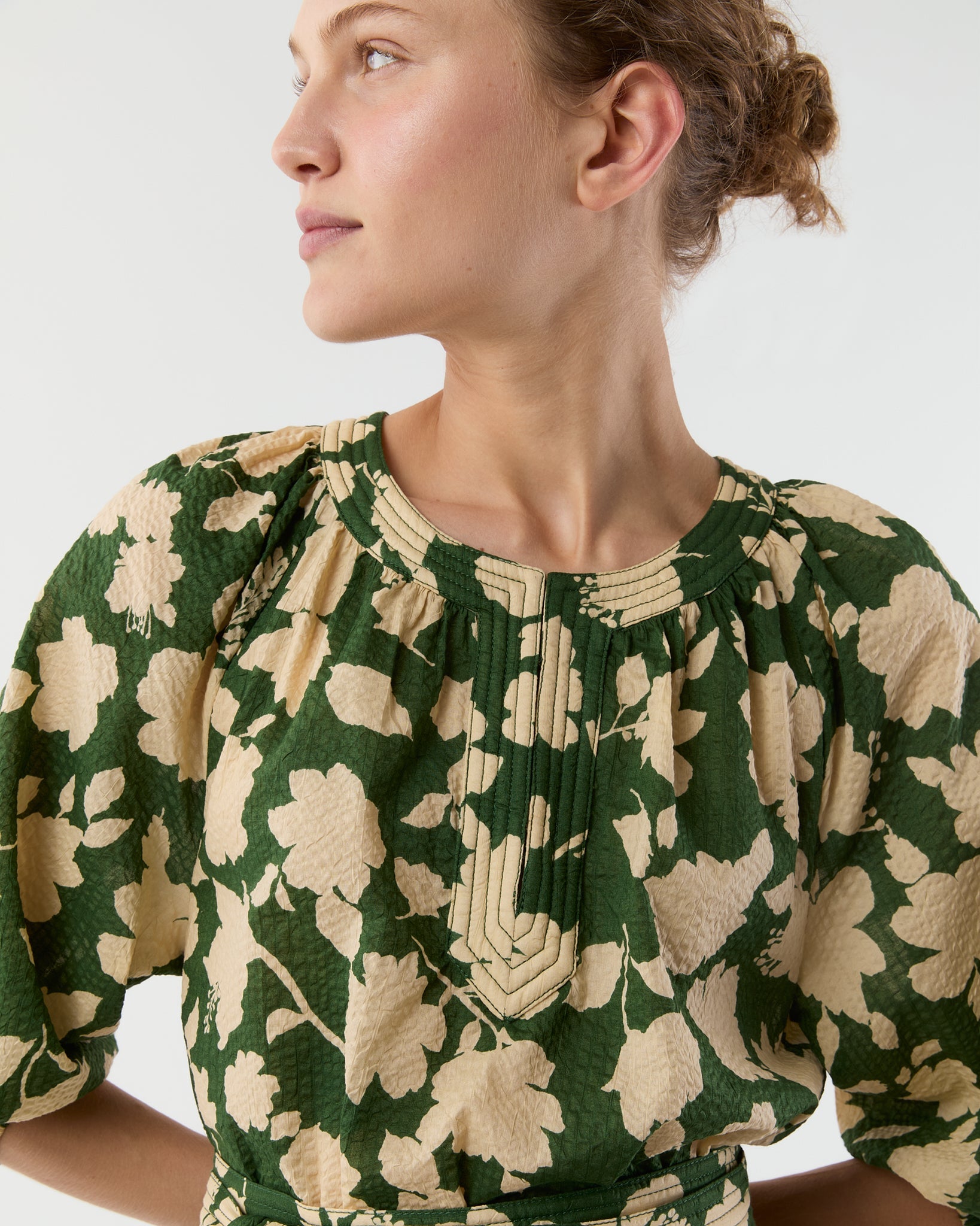 Allegra Dress - Green/Natural Shadow Floral Seersucker