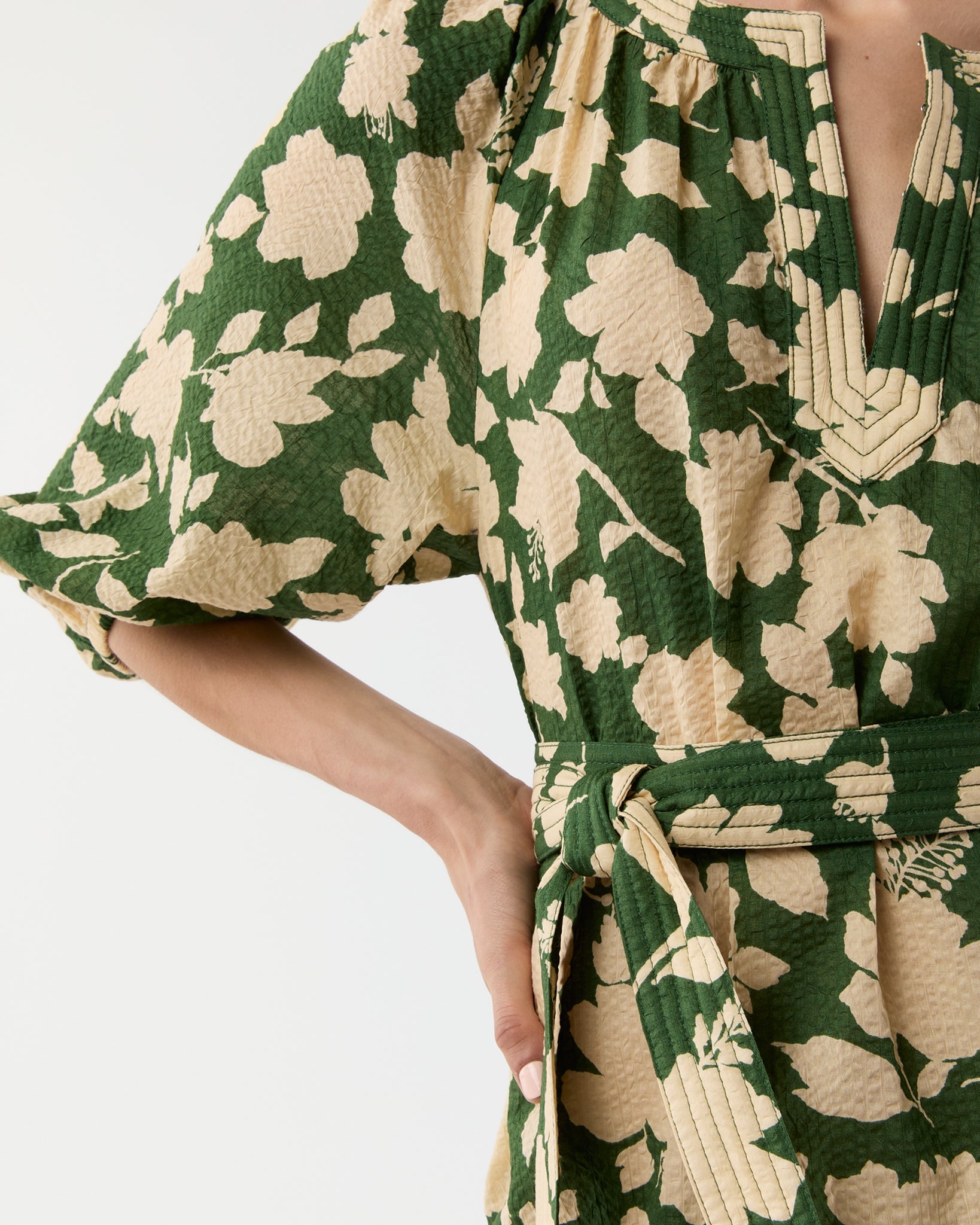 Allegra Dress - Green/Natural Shadow Floral Seersucker
