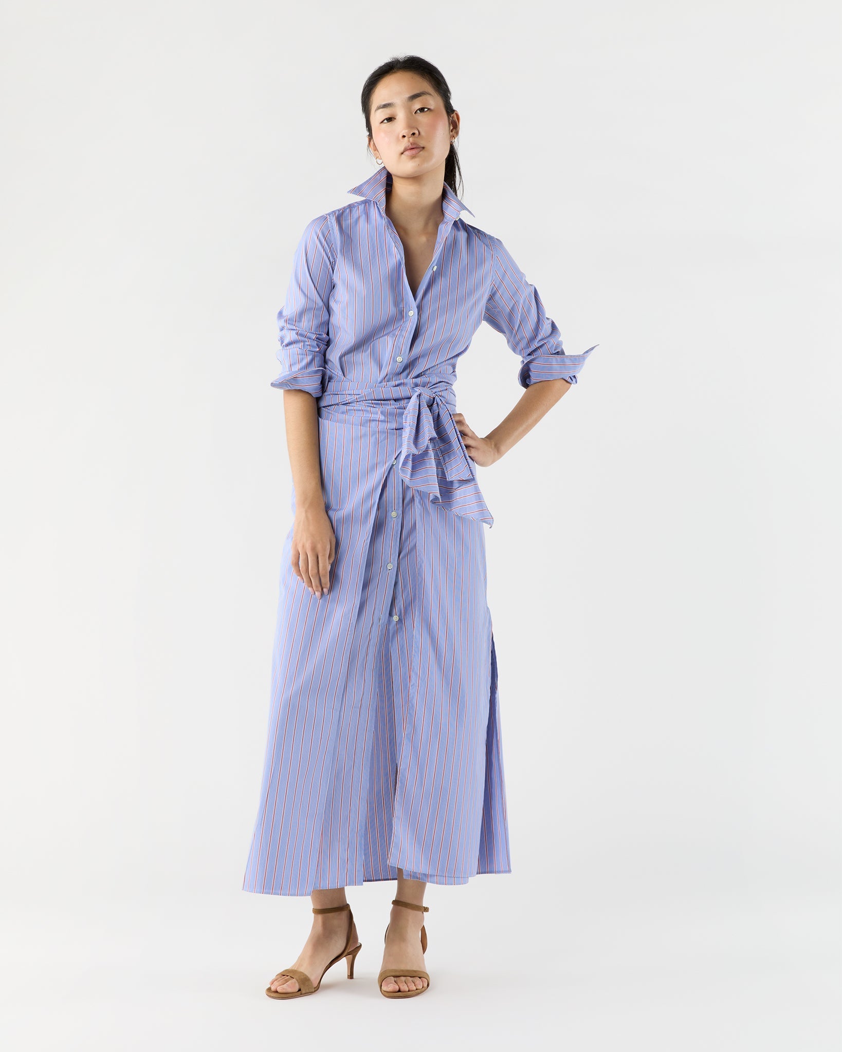 Maxi Tie Waist Shirtdress - Blue/Red Multi Stripe Poplin