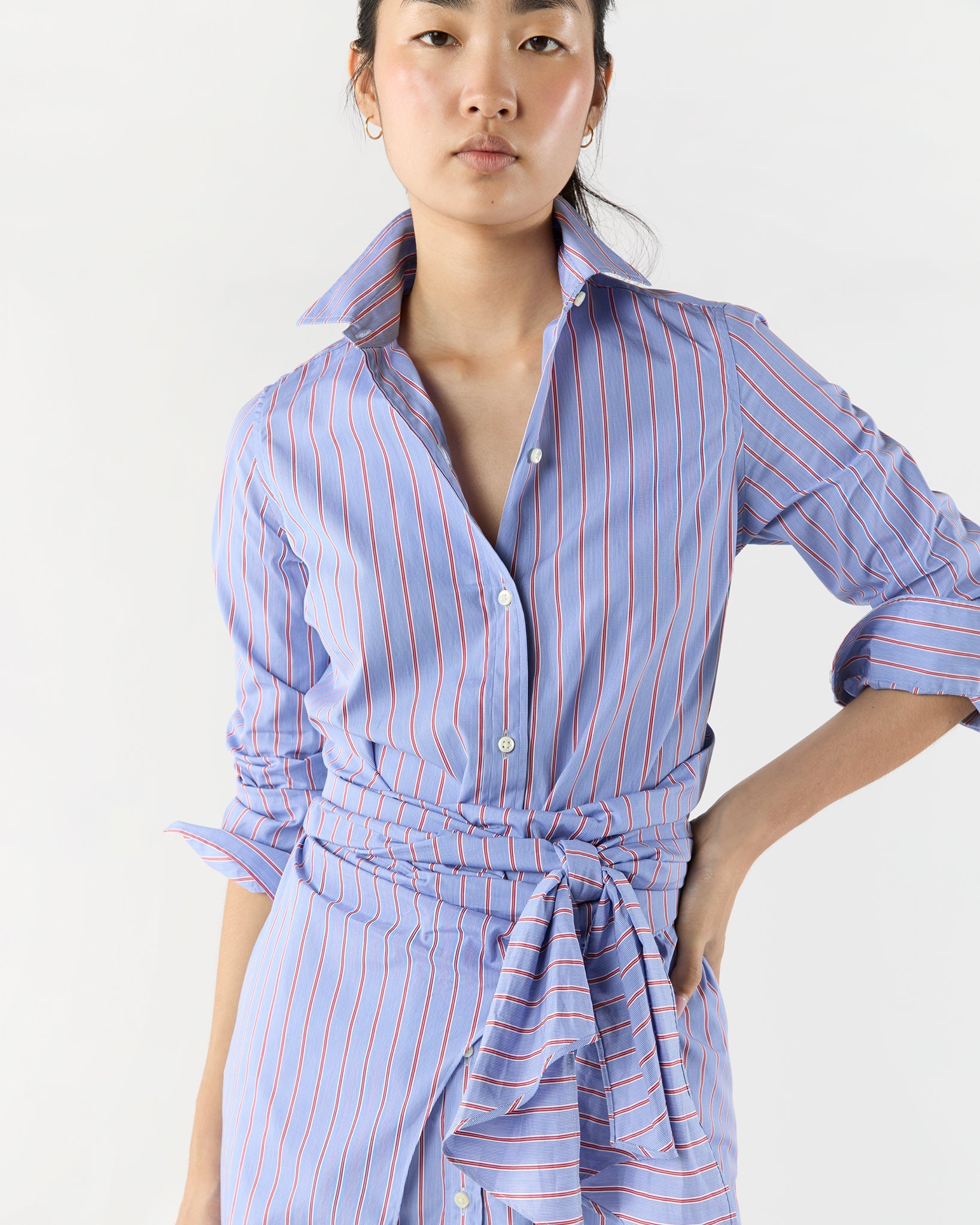 Maxi Tie Waist Shirtdress - Blue/Red Multi Stripe Poplin