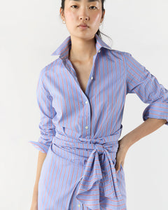 Maxi Tie Waist Shirtdress - Blue/Red Multi Stripe Poplin