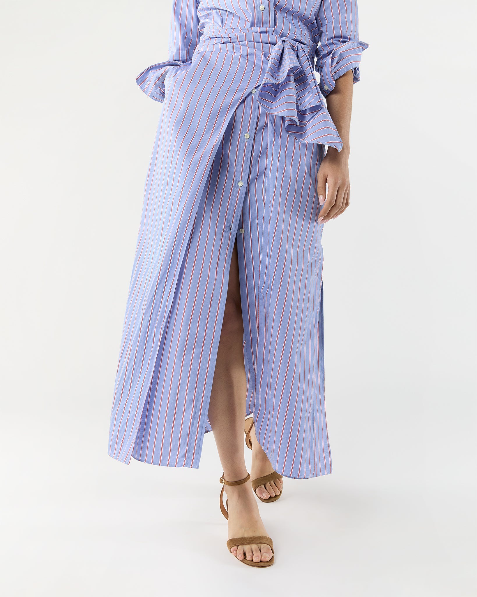 Maxi Tie Waist Shirtdress - Blue/Red Multi Stripe Poplin