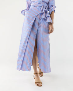 Maxi Tie Waist Shirtdress - Blue/Red Multi Stripe Poplin