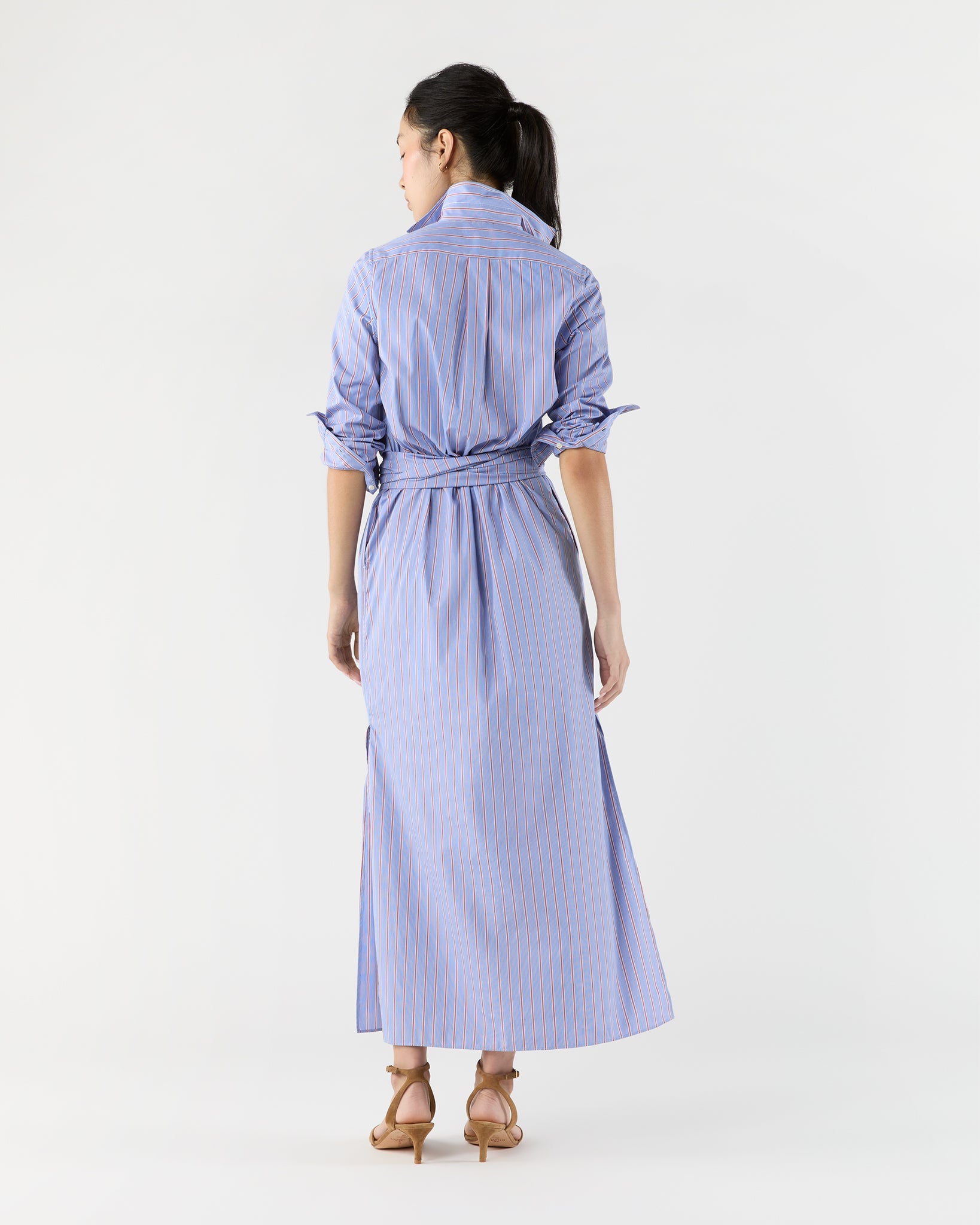 Maxi Tie Waist Shirtdress - Blue/Red Multi Stripe Poplin