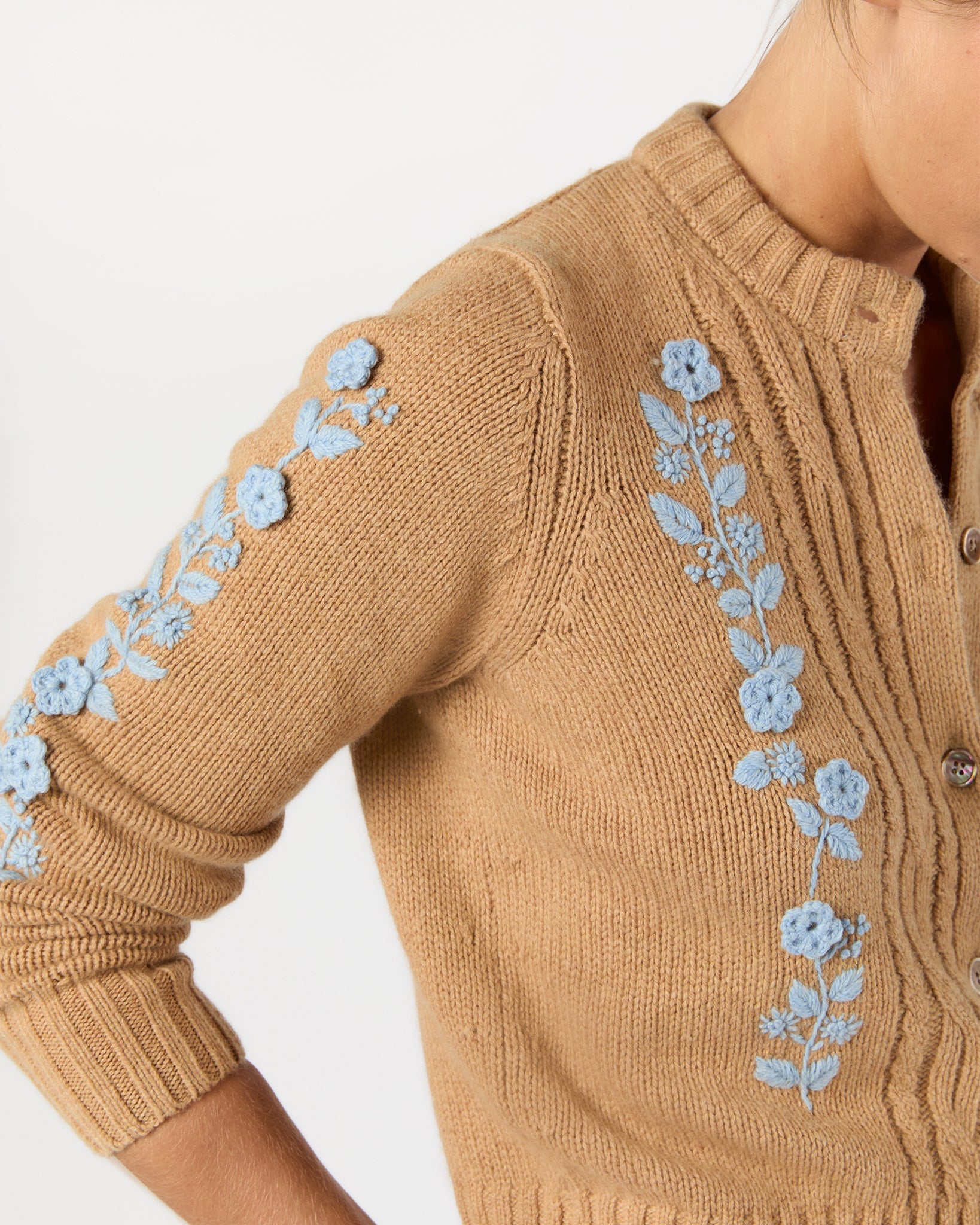 Ellen Cardigan - Camel/Misty Blue Wool/Cotton