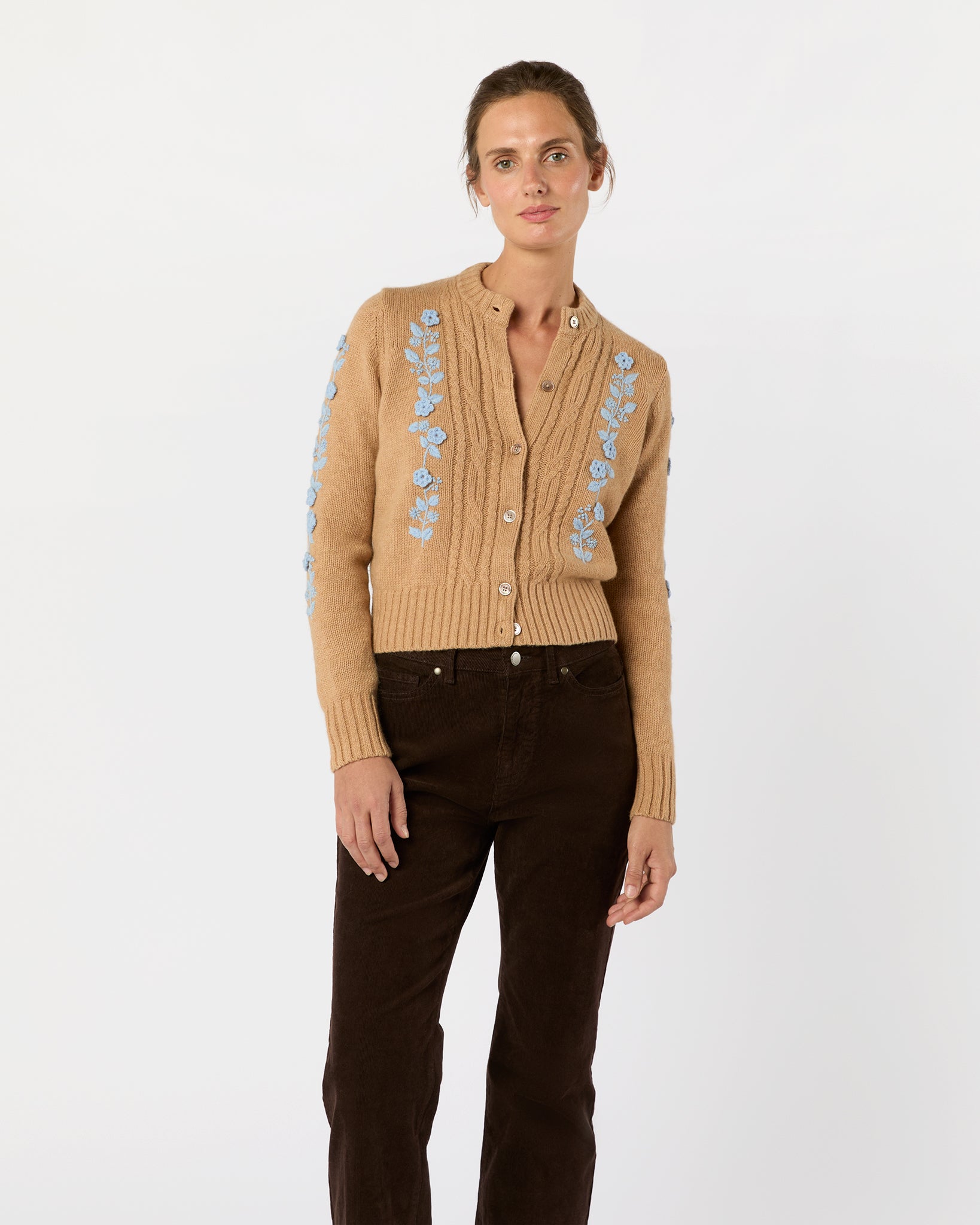 Ellen Cardigan - Camel/Misty Blue Wool/Cotton