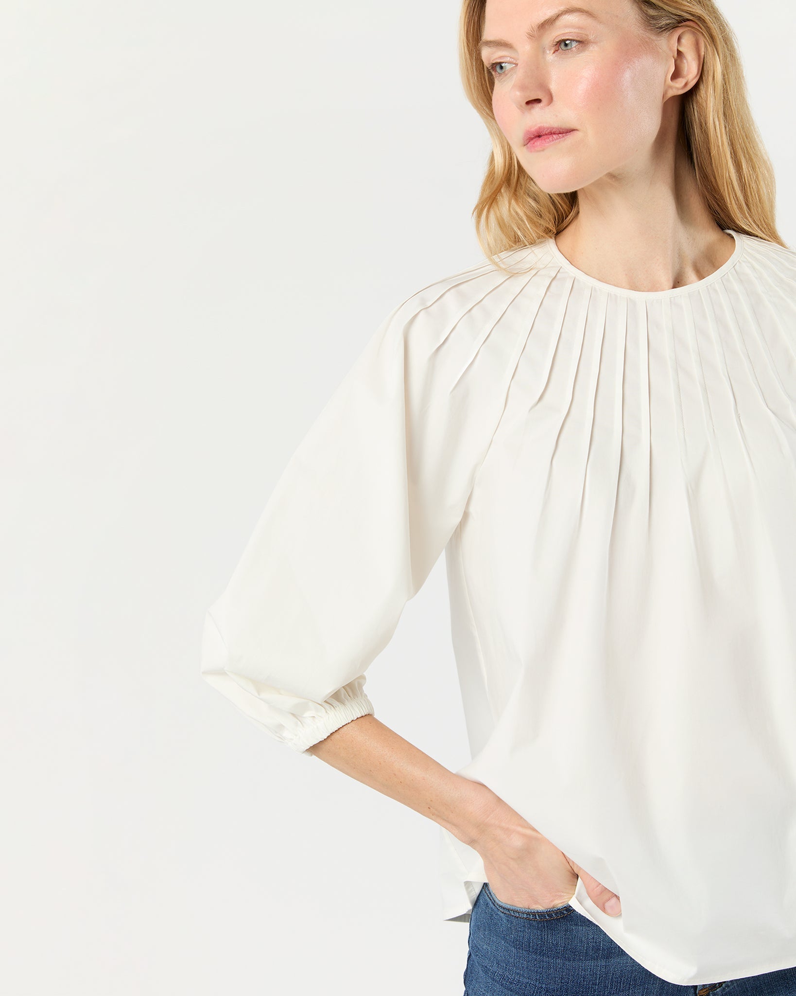 Thea Pintuck Top - Off-White Paperweight Stretch Poplin