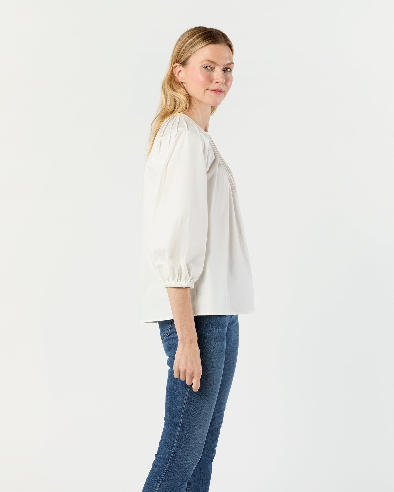 Thea Pintuck Top - Off-White Paperweight Stretch Poplin