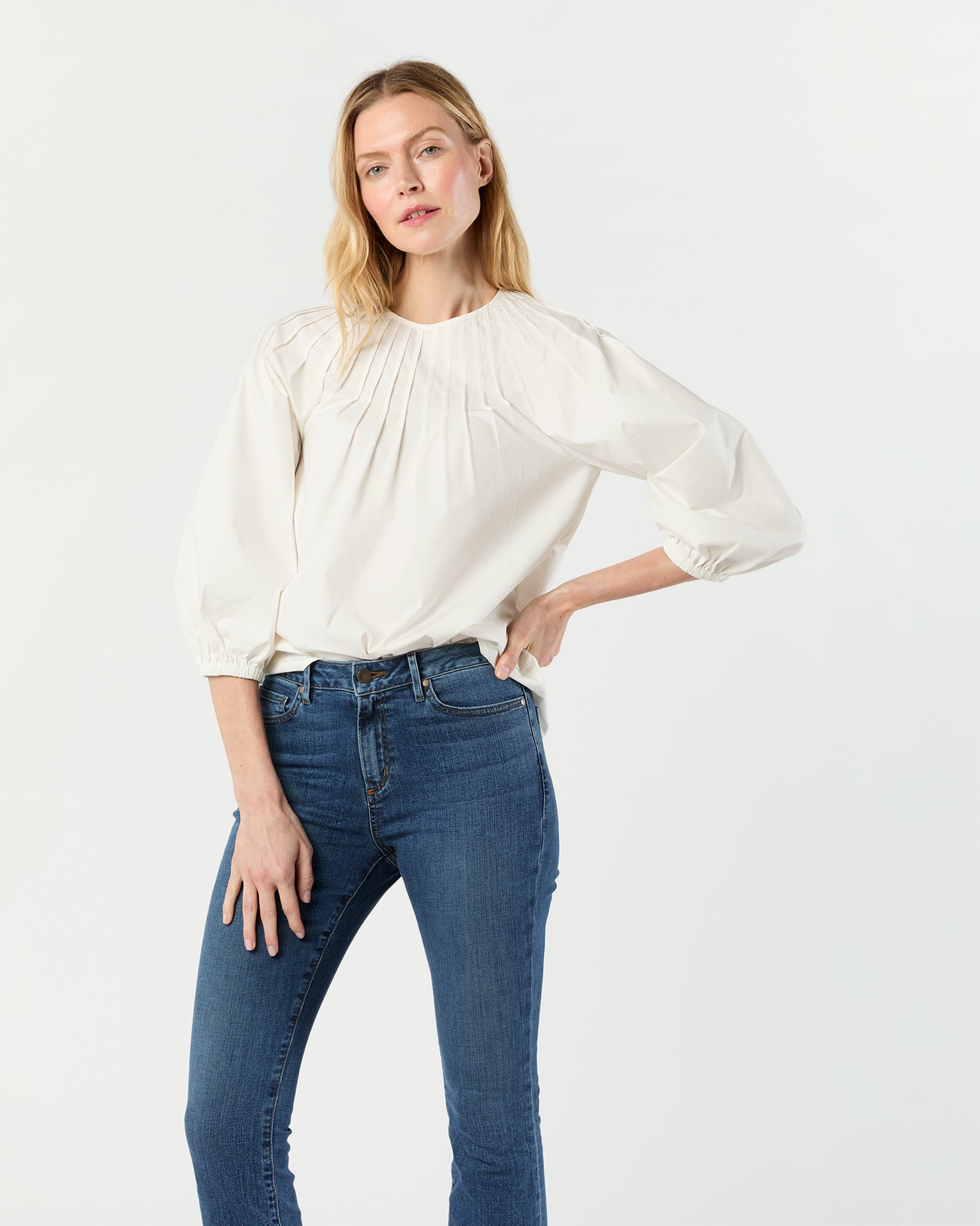 Thea Pintuck Top - Off-White Paperweight Stretch Poplin