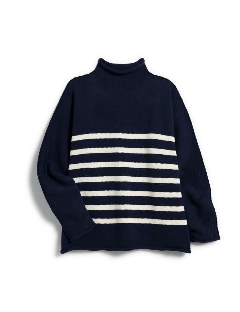 Monterey Rolled Funnel Neck Sweater - Navy/Cream Stripe