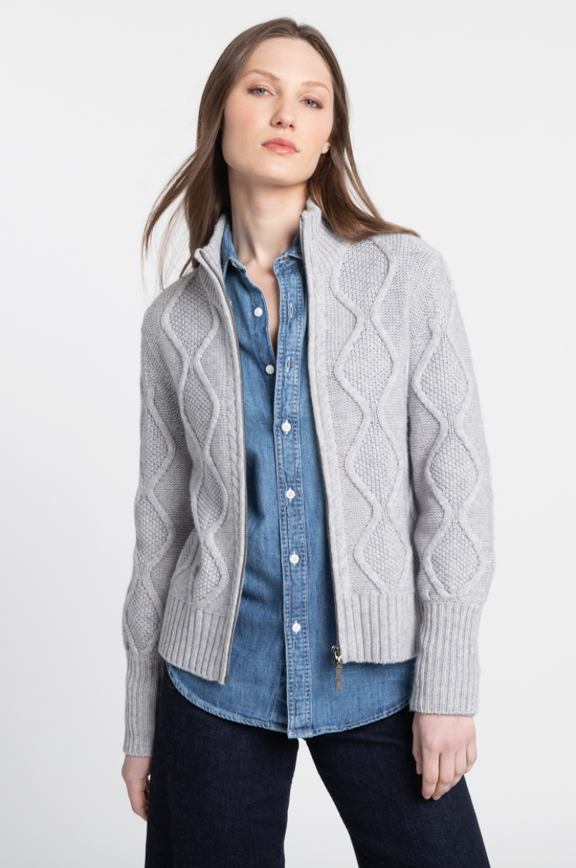 Luxe Cable Zip Mock Cardigan - Silver