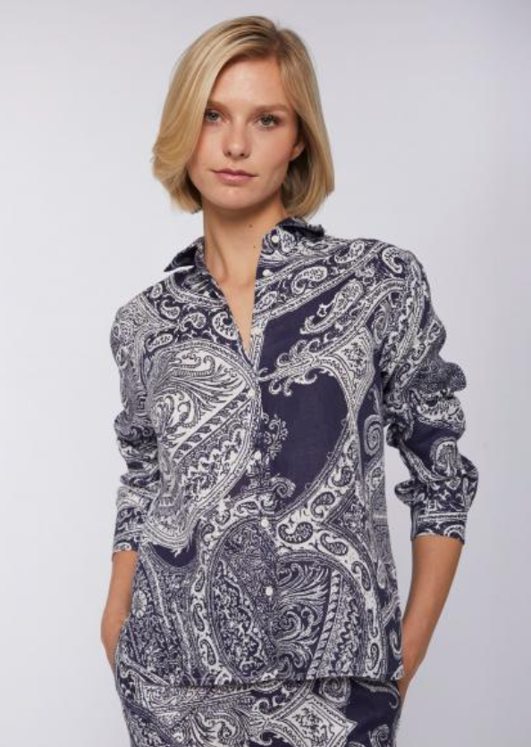 Isabella Shirt - Navy Paisley Linen