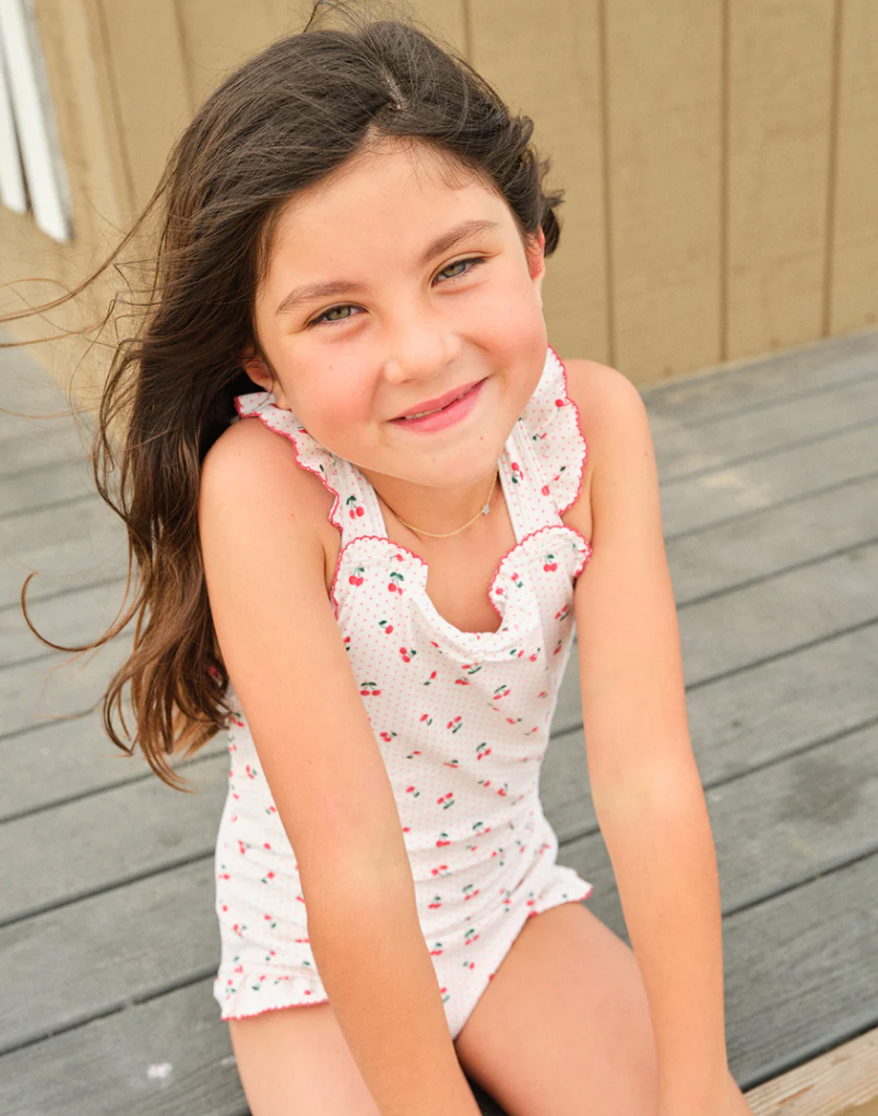girls summer cherries ruffle edge one piece