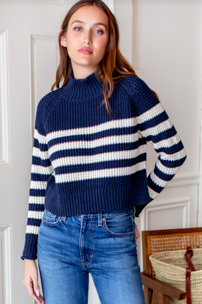 Boxy Funnel Neck Sweater - Navy/Ivory Stripe