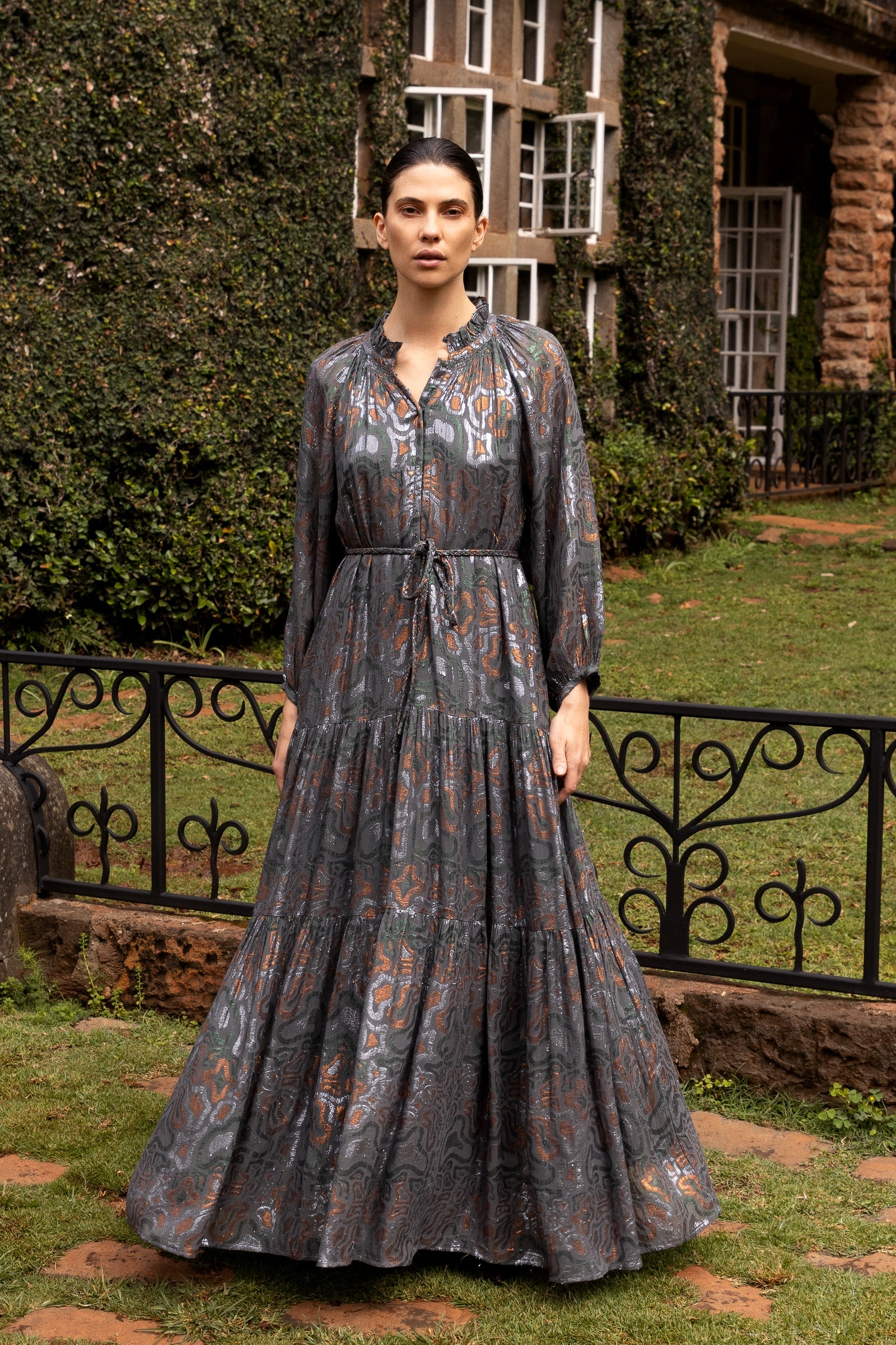 Cuff Sleeve Tie Waist Maxi - Kenzo Charcoal