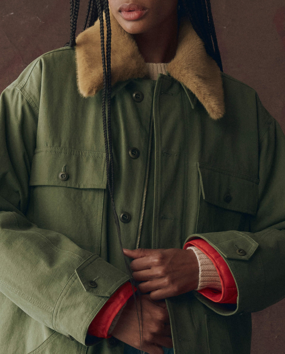 The Quilted Liner Parka - Army with Hot Orange