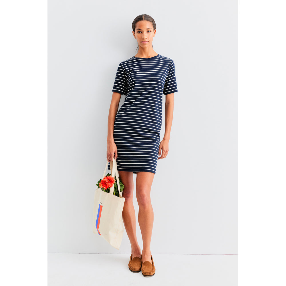 The Tee Dress - Navy/Cream Pinstripes