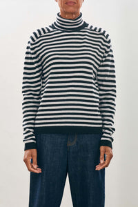 Narrow Stripe Cashmere Roll Collar - Black/Fog