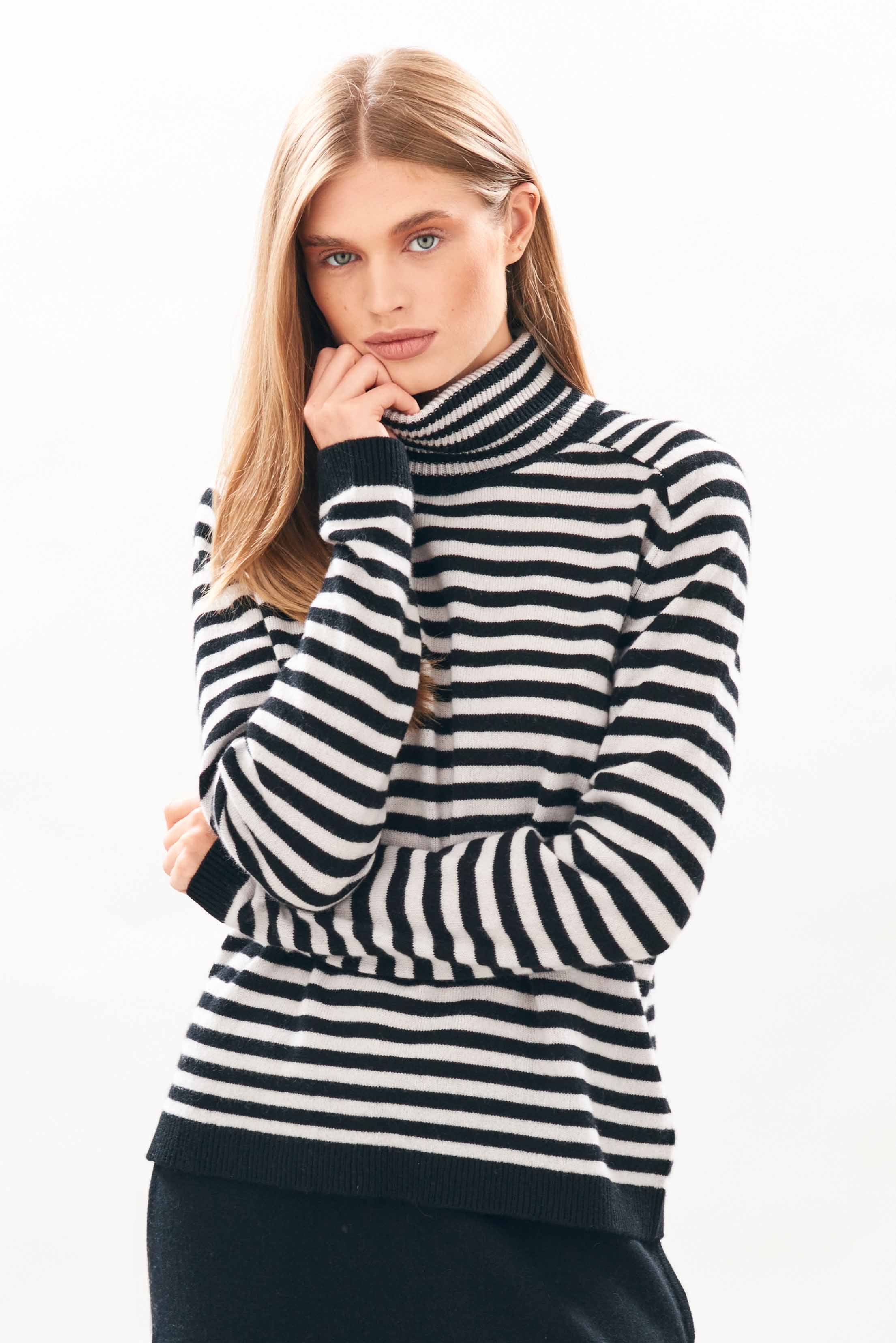 Narrow Stripe Cashmere Roll Collar - Black/Fog