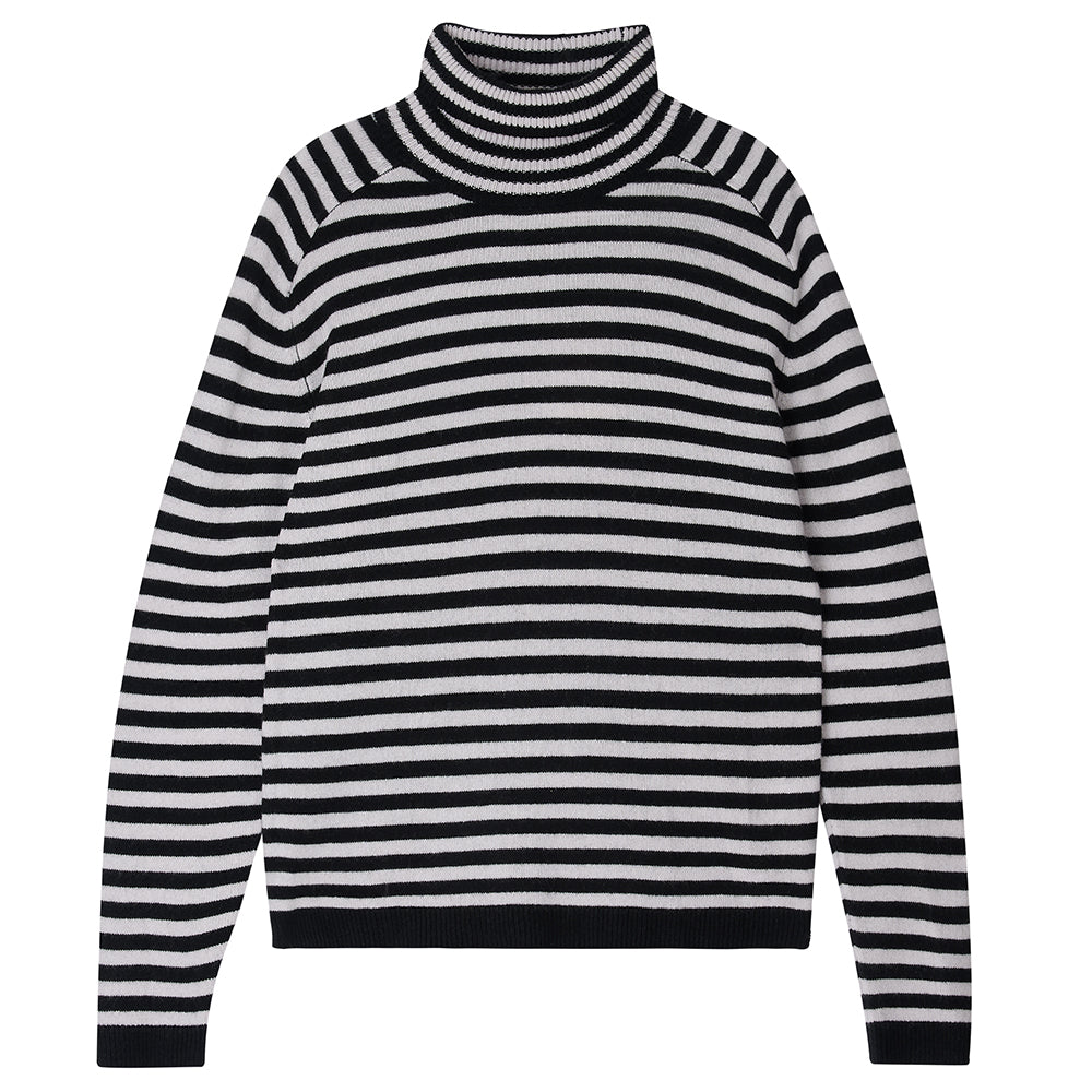 Narrow Stripe Cashmere Roll Collar - Black/Fog