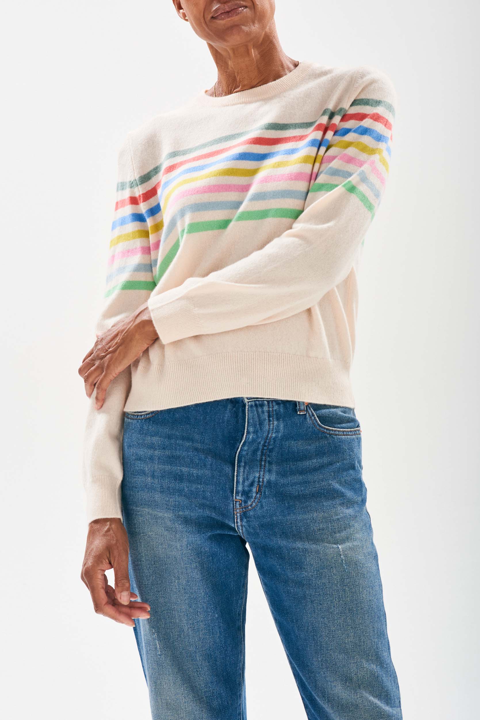 Cashmere Multi Stripe Block Crew - Cream