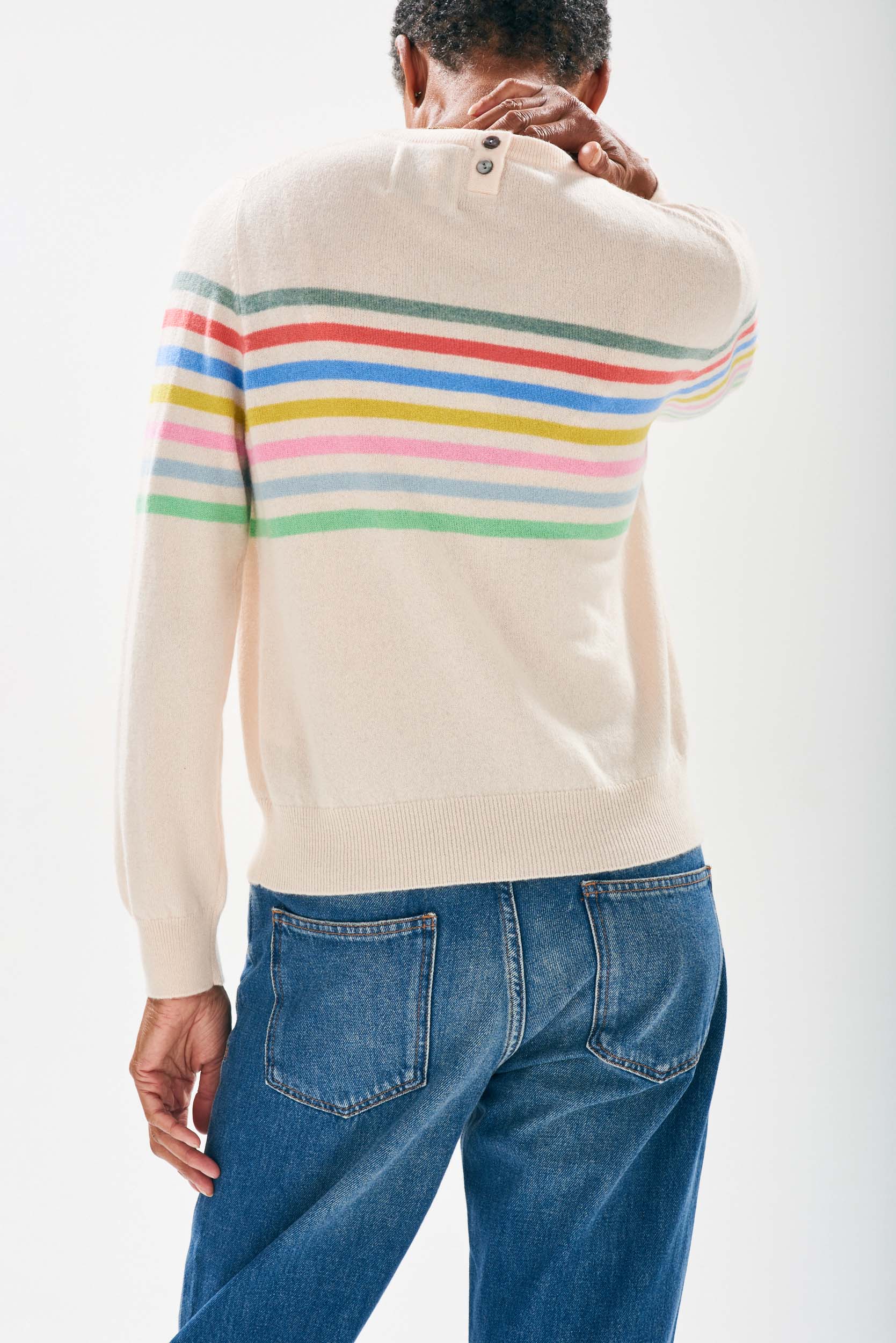 Cashmere Multi Stripe Block Crew - Cream