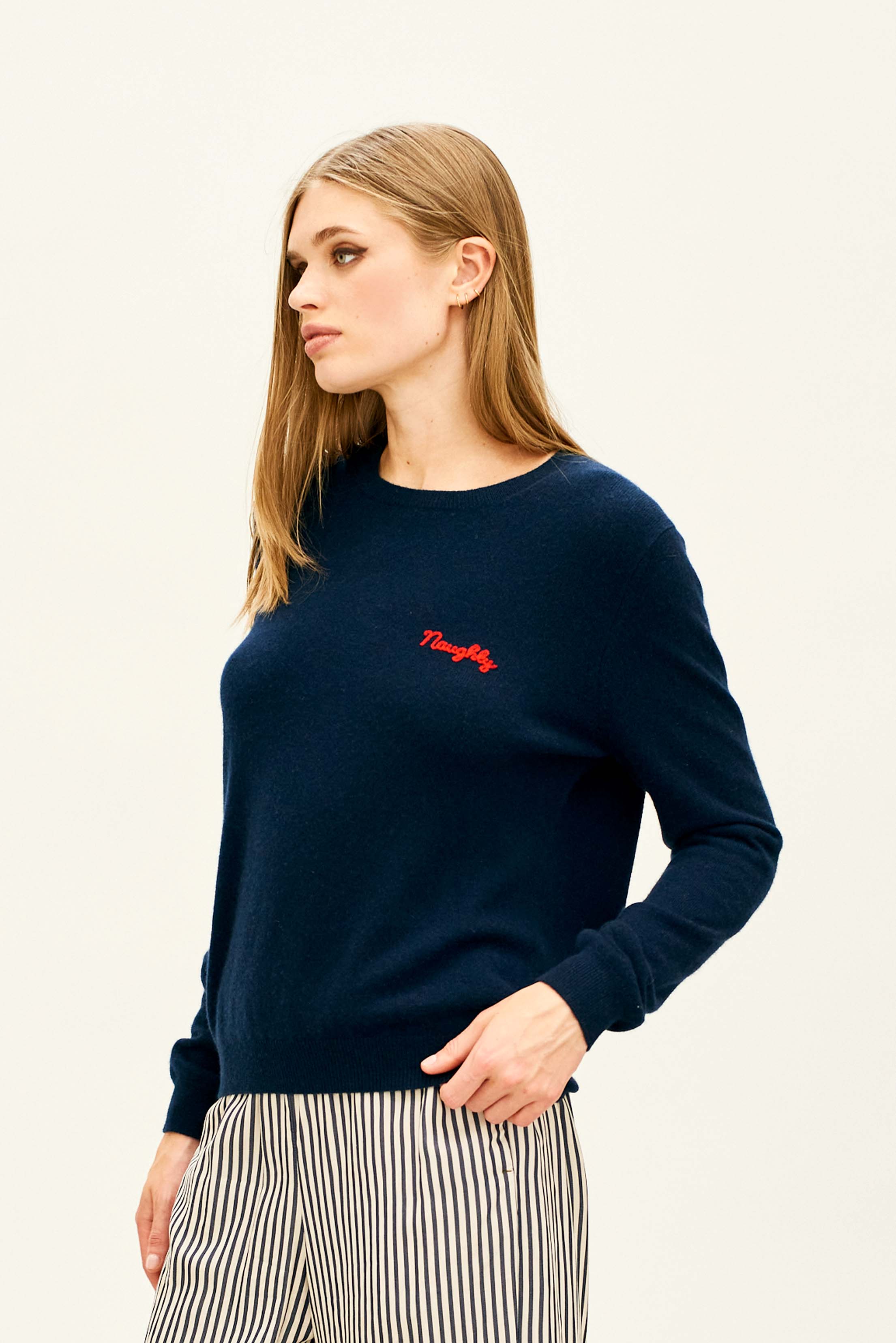 Cashmere Naughty Crew - Navy/Red