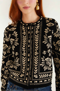 Black and White Flower Bloom Buttoned Knit Cardigan