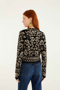 Black and White Flower Bloom Buttoned Knit Cardigan